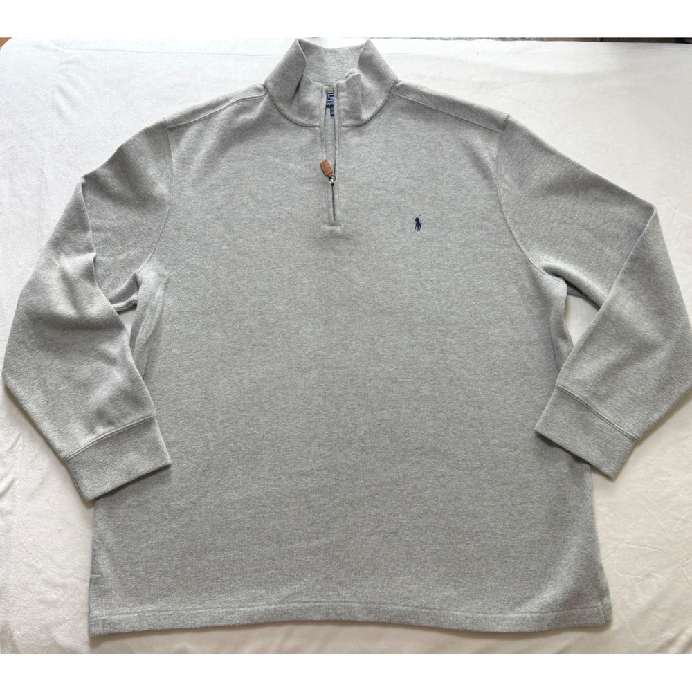 Polo Ralph Lauren Quarter Zip Pullover Mens XXL Gray Cotton Leather Pull Sweater